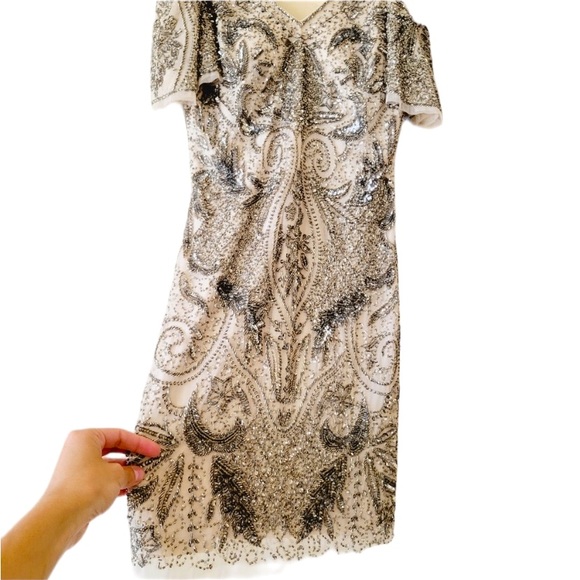 Aidan Mattox Champagne Sequined Beaded Cold Shoulder Formal Party Mini Dress - Picture 4 of 9